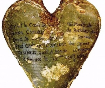 A heart-shaped lead urn with an inscription identifying the contents as the heart of Toussaint Perrien, Knight of Brefeillac, found during excavation of the ruins of the medieval Jacobins convent in Rennes, France is shown in this handout photo provided by Rozenn Colleter on December 2, 2015. REUTERS/Rozenn Colleter/Ph.D./INRAP/Handout via Reuters