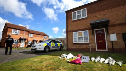 The scene outside a house in Spalding, Lincolnshire, where a woman and her daughter were found dead