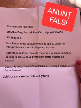 ATENȚIE! Anunțuri false în numele Companiei de Apă Arad