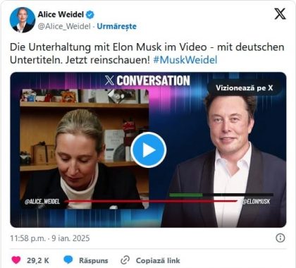 VIDEO: „Angela Merkel a distrus țara”. Lidera extremei-drepte germane Alice Weidel a criticat aspru politica guvernelor germane în discuția cu Elon Musk pe X