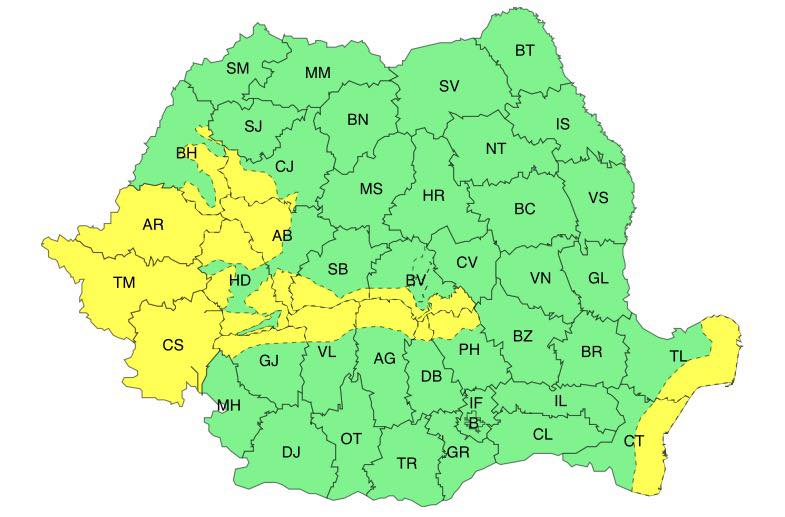 Județul Arad se află sub avertizare de vânt puternic.