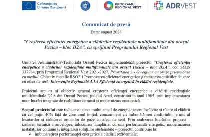 „Creșterea eficienței energetice a clădirilor rezidențiale multifamiliale din orașul Pecica – bloc D2A”, cu sprijinul Programului Regional Vest item-thumbnail